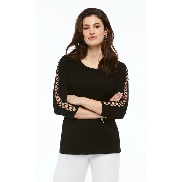 Orly Women's Black Cutout Sleeve Top Size L Scoop Neck Long Sleeves NWT - Picture 1 of 2